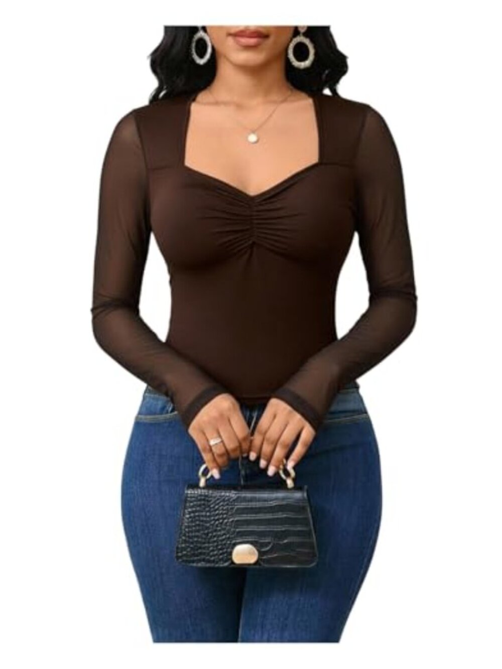 Women's Mesh Sheer Long Sleeve Fitted Tee Sweetheart Neck Ruched Top